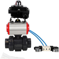 Кран шаровой BV4242E-FP-GRM-ISO Дн20 Ру10 полнопроходной, корпус - НПВХ, шар - НПВХ, уплотнение - EPDM, с пневмоприводом PA-DA-052, пневмораспределителем 4V320-10 AC220V и БКВ APL-410N EX