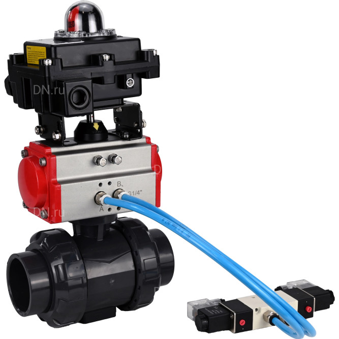 Кран шаровой BV4242E-FP-GRM-ISO Дн20 Ру10 полнопроходной, корпус - НПВХ, шар - НПВХ, уплотнение - EPDM, с пневмоприводом PA-DA-052, пневмораспределителем 4V320-10 AC220V и БКВ APL-410N EX в Перми