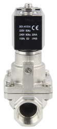 Клапан электромагнитный VS1031-PT-NC-220VAC 1 1/2″ Ду40 Ру12 соленоидный двухходовой поршневой, резьбовой, корпус - нержавеющая сталь AISI 304, уплотнение - PTFE, пилотного действия, нормально закрытый, катушка - 220В AC