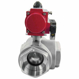 Кран шаровой BV3232P(4pc)-SP-3WL-T-ISO-H Ду80 Ру40 стандартнопроходной L-тип, трехходовой, нержавеющая сталь SS316, внутренняя резьба, уплотнение - PTFE, с пн.приводом PA-DA-083 c пн.распределителем 4M310-08 AC220V