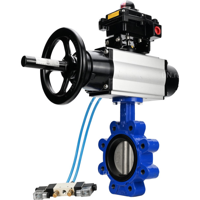 Затвор дисковый поворотный WBV1631E-2W-Fb-H Ду125 Ру16 LUG корпус - чугун QT450, диск - нержавеющая сталь 304, уплотнение - EPDM, с пневмоприводом PA-DA-105-1, пневмораспределителем 4V320-08 AC220V и БКВ APL-410N EX в Перми
