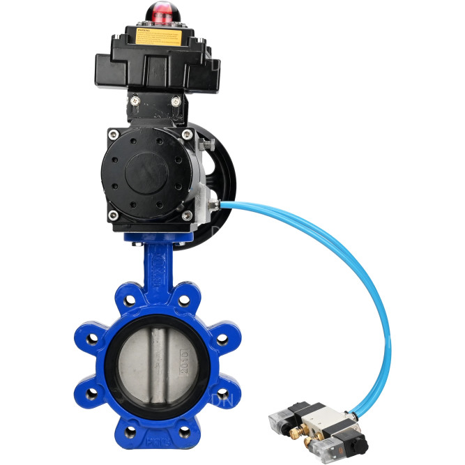 Затвор дисковый поворотный WBV1631E-2W-Fb-H Ду125 Ру16 LUG корпус - чугун QT450, диск - нержавеющая сталь 304, уплотнение - EPDM, с пневмоприводом PA-DA-105-1, пневмораспределителем 4V320-08 AC220V и БКВ APL-410N EX в Перми