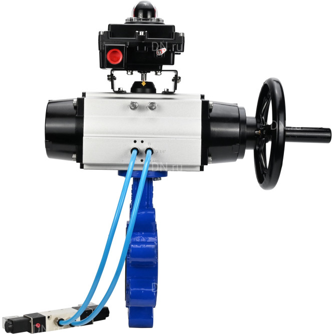 Затвор дисковый поворотный WBV1631E-2W-Fb-H Ду125 Ру16 LUG корпус - чугун QT450, диск - нержавеющая сталь 304, уплотнение - EPDM, с пневмоприводом PA-DA-105-1, пневмораспределителем 4V320-08 AC220V и БКВ APL-410N EX в Перми