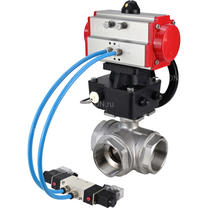 Кран шаровой BV3232P(4pc)-SP-3WL-T-ISO-H Ду20 Ру63, стандартнопроходной, четырехсоставной, нержавеющая сталь 316, PTFE, внутренняя резьба, с пневмоприводом PA-DA-052, пневмораспределителем 4V320-08 AC220V, ручным дублером MON1-250-T26-ISO в Перми