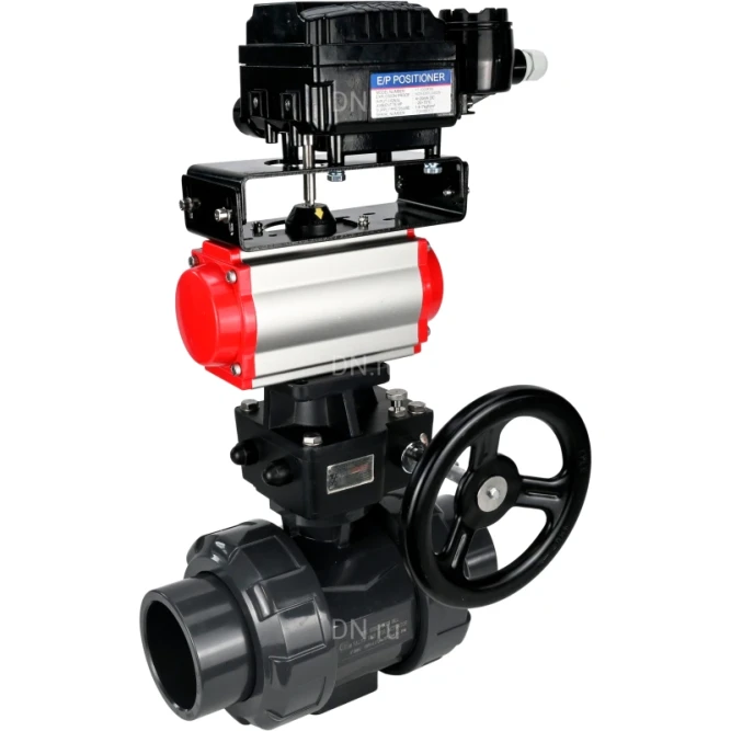 Кран шаровой BV4242E-FP-GRM-ISO Дн40 Ру10 полнопроходной, корпус - НПВХ, шар - НПВХ, уплотнение - EPDM, с пневмоприводом PA-DA-052, ручным дублером MON1-250-T26-ISO и пневмопозиционером YT-1000RSN без обратной связи в Перми