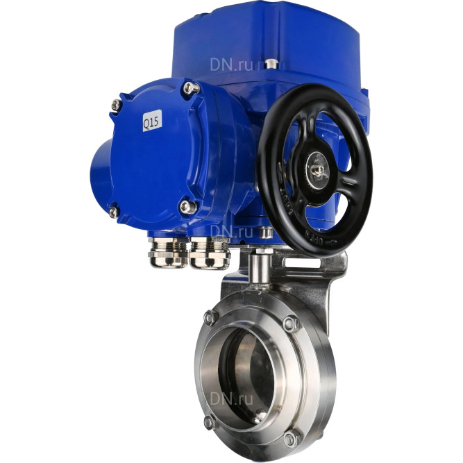 Затвор дисковый поворотный WBV3131E-2W-W-H Ду32 Ру10 под приварку, корпус - пищевая нержавеющая сталь 304, уплотнение - EPDM, с электроприводом QT-N-005M-O2-380VAC-У1 с моментной муфтой и штурвалом в Перми