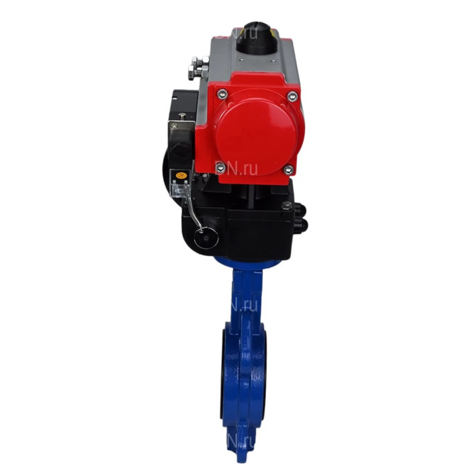 Затвор дисковый поворотный WBV1432E-2W-Fb-H Ду100 Ру16, корпус - чугун GGG50, диск - нержавеющая сталь 316L, уплотнение - EPDM, с пневмоприводом PA-DA-083, пневмораспределителем 4M310-08 DC24V, ручным дублером MON2-450-T28-ISO в Перми