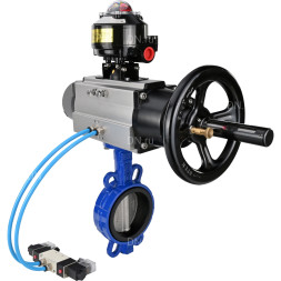 Затвор дисковый поворотный WBV1432N-2W-Fb-H Ду150 Ру16, корпус - чугун GGG50, диск - нержавеющая сталь 316L, уплотнение - NBR, с пневмоприводом PA-DA-105-1 двойного действия, с пневмораспределителем 4V320-10 AC220V, с БКВ APL-510N-EX
