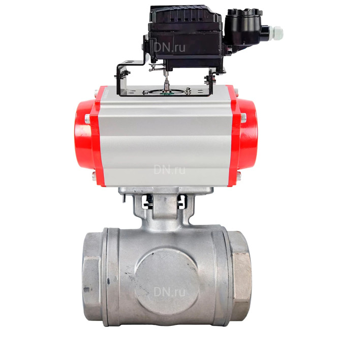 Кран шаровой BV3232P(4pc)-SP-3WT-T-ISO-H WDVF Ду25 Ру63 стандартнопроходной, 3-ходовой Т-тип, внутренняя резьба, нержавеющая сталь AISI 316, с пневмоприводом PA-DA-065 и электропневматическим поворотным позиционером YT-1000RSN с обратной связью в Перми