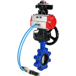 Затвор дисковый поворотный WBV1631N-2W-Fb-H Ду80 Ру16 LUG корпус - чугун QT450, диск - нержавеющая сталь 304, уплотнение - NBR, с пневмоприводом PA-DA-083, пневмораспределителем 4V320-08 AC220V, БКВ APL-210N и редуктором MON2-450-T28-ISO