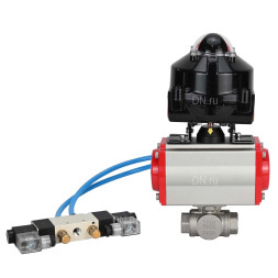 Кран шаровой BV3232P(4pc)-SP-3WL-T-ISO-H 1/2″ Ду40 Ру63 стандартнопроходной трехходовой L-тип, нержавеющая сталь SS316, внутренняя резьба, уплотнение - PTFE, с пн.приводом PA-DA-065 пн.распределителем 4V320-10 AC220V БКВ APL-510N-EX