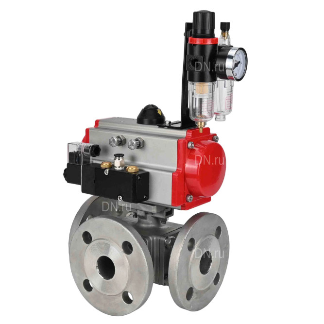Кран шаровой BV3232P(4pc)-FP-3WL-F Ду20 Ру16 полнопроходной трехходовой, фланцевый, корпус - нержавеющая сталь SS316, с пневмоприводом PA-DA-052 двойного действия, пневмораспределителем 4M310-08 DC24V и БПВ AFC2000 в Перми