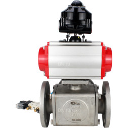 Кран шаровой BV3232P(4pc)-FP-3WL-F Ду25 Ру16 полнопроходной трехходовой, фланцевый, корпус - нержавеющая сталь SS316, с пневмоприводом PA-DA-052 двойного действия, пневмораспределителем 4V320-10 AC220V и БКВ APL-510N EX