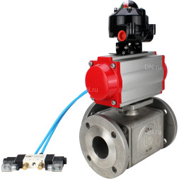 Кран шаровой BV3232P(4pc)-FP-3WL-F Ду25 Ру16 полнопроходной трехходовой, фланцевый, корпус - нержавеющая сталь SS316, с пневмоприводом PA-DA-052 двойного действия, пневмораспределителем 4V320-10 AC220V и БКВ APL-510N EX