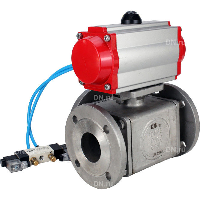 Кран шаровой BV3232P(4pc)-FP-3WL-F Ду25 Ру16 полнопроходной трехходовой, фланцевый, корпус - нержавеющая сталь SS316, с пневмоприводом PA-SA-083 с возвратными пружинами и пневмораспределителем 4V320-08 AC220V в Перми