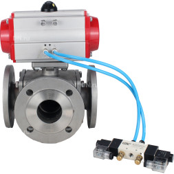 Кран шаровой BV3232P(4pc)-FP-3WL-F Ду32 Ру16 полнопроходной трехходовой, фланцевый, корпус - нержавеющая сталь SS316, с пневмоприводом PA-SA-083 с возвратными пружинами и пневмораспределителем 4V320-08 AC220V