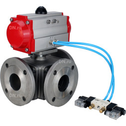 Кран шаровой BV3232P(4pc)-FP-3WL-F Ду32 Ру16 полнопроходной трехходовой, фланцевый, корпус - нержавеющая сталь SS316, с пневмоприводом PA-SA-083 с возвратными пружинами и пневмораспределителем 4V320-08 AC220V