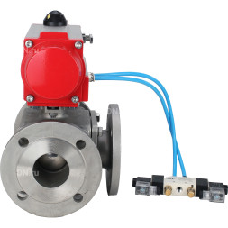 Кран шаровой BV3232P(4pc)-FP-3WL-F Ду32 Ру16 полнопроходной трехходовой, фланцевый, корпус - нержавеющая сталь SS316, с пневмоприводом PA-SA-083 с возвратными пружинами и пневмораспределителем 4V320-08 AC220V