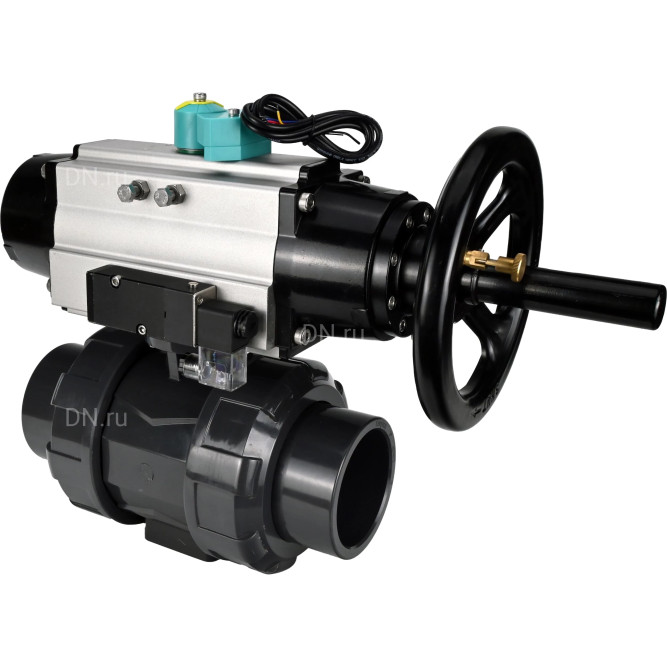 Кран шаровой BV4242E-FP-GRM-ISO Дн40 Ру10 полнопроходной, корпус - НПВХ, шар - НПВХ, уплотнение - EPDM, с пневмоприводом PA-DA-105-1, пневмораспределителем 4M310-08 AC220V и магнитным переключателем ALS200D в Перми