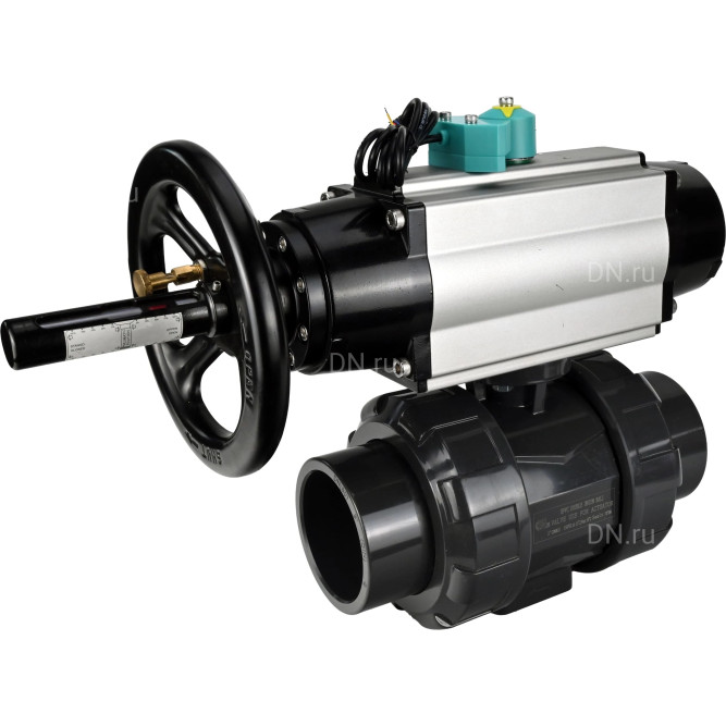 Кран шаровой BV4242E-FP-GRM-ISO Дн40 Ру10 полнопроходной, корпус - НПВХ, шар - НПВХ, уплотнение - EPDM, с пневмоприводом PA-DA-105-1, пневмораспределителем 4M310-08 AC220V и магнитным переключателем ALS200D в Перми