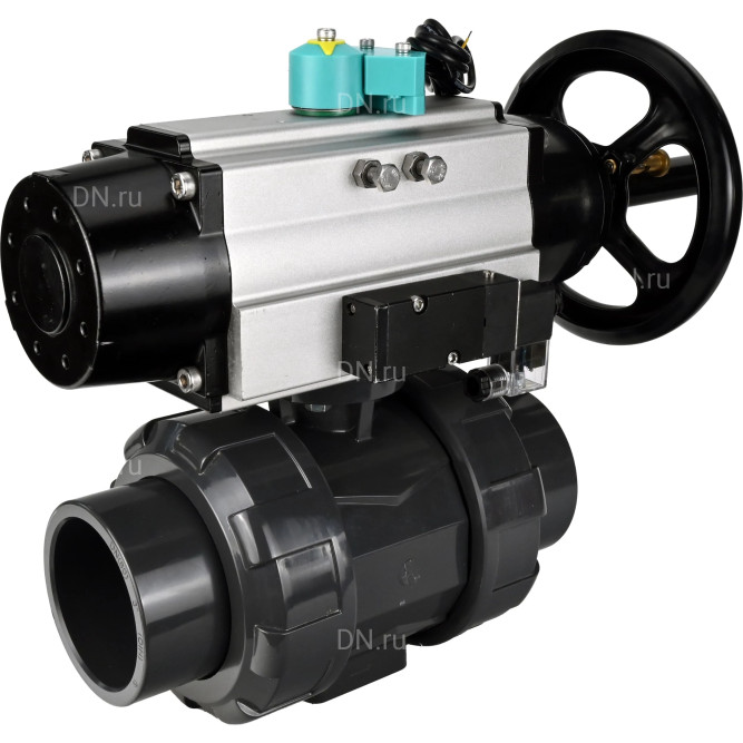 Кран шаровой BV4242E-FP-GRM-ISO Дн40 Ру10 полнопроходной, корпус - НПВХ, шар - НПВХ, уплотнение - EPDM, с пневмоприводом PA-DA-105-1, пневмораспределителем 4M310-08 AC220V и магнитным переключателем ALS200D в Перми