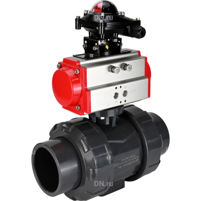 Кран шаровой BV4242E-FP-GRM-ISO Дн15 Ру10 полнопроходной, корпус - НПВХ, шар - НПВХ, уплотнение - EPDM, с пневмоприводом PA-DA-052 и БКВ APL-210N в Перми