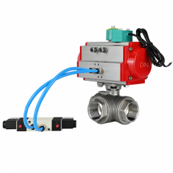 Кран шаровой BV3232P(4pc)-SP-3WL-T-ISO-H WDVF Ду65 Ру40 стандартнопроходной, 3-ходовой L-тип, внутренняя резьба, нержавеющая сталь AISI 316, с пневмоприводом PA-DA-105, пневмораспределителем 4V320-10 AC220V и магнитным переключателем ALS200D