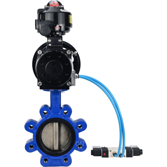 Затвор дисковый поворотный WBV1616N-2W-Fb-H Ду125 Ру16 LUG корпус - чугун QT450, диск - чугун QT450, уплотнение - NBR, с пневмоприводом PA-DA-105-1, пневмораспределителем 4V320-08 AC220V и БКВ APL-510N EX в Перми