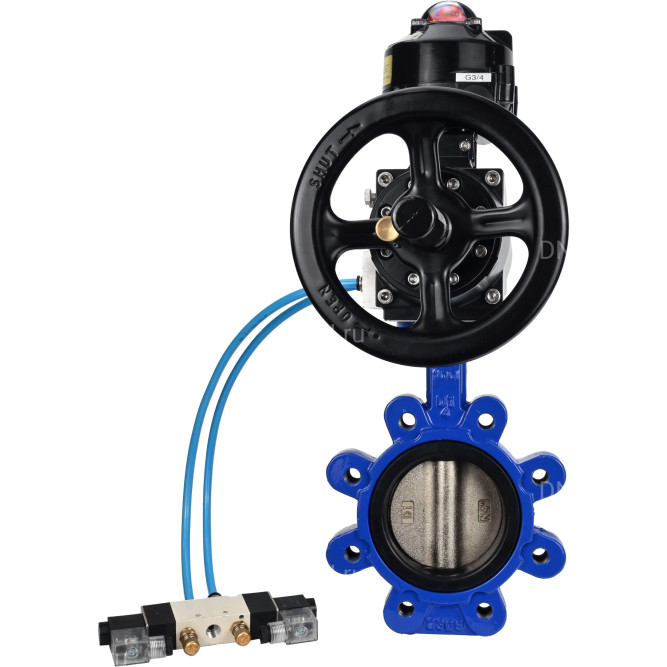 Затвор дисковый поворотный WBV1616N-2W-Fb-H Ду125 Ру16 LUG корпус - чугун QT450, диск - чугун QT450, уплотнение - NBR, с пневмоприводом PA-DA-105-1, пневмораспределителем 4V320-08 AC220V и БКВ APL-510N EX в Перми
