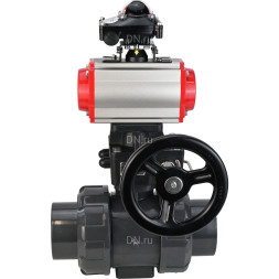 Кран шаровой BV4242E-FP-GRM-ISO Дн25 Ру10 полнопроходной, корпус - НПВХ, шар - НПВХ, уплотнение - EPDM, с пневмоприводом PA-DA-052, пневмораспределителем 4M310-08 AC220V, ручным дублером MON1-250-T26-ISO и БКВ APL-210N