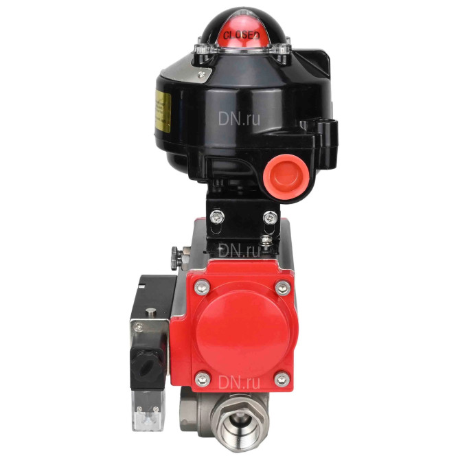 Кран шаровой BV3232P(4pc)-SP-3WL-T-ISO-H 3/8″ Ду10 Ру63 стандартнопроходной трехходовой L-тип, нержавеющая сталь SS316, внутренняя резьба, уплотнение - PTFE, с пн.приводом PA-DA-052 пн.распределителем 4M310-08 AC220V и БКВ APL-510N-EX в Перми