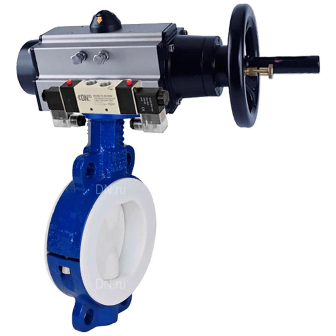 Затвор дисковый поворотный WBV3434Pf-2W-Fb-H Ду125 Ру16 корпус - углеродистая сталь WCB, диск - углеродистая сталь WCB, футерованный PTFE, уплотнение - PTFE, с пневмоприводом PA-DA-105-1, с пневмораспределителем 4V320-08 AC220V в Перми