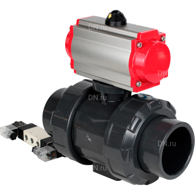 Кран шаровой BV4242E-FP-GRM-ISO Дн20 Ру10 полнопроходной, корпус - НПВХ, шар - НПВХ, уплотнение - EPDM, с пневмоприводом PA-DA-052 и пневмораспределителем 4V320-08 AC220V в Перми