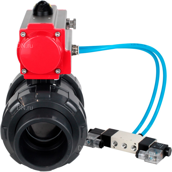 Кран шаровой BV4242E-FP-GRM-ISO Дн20 Ру10 полнопроходной, корпус - НПВХ, шар - НПВХ, уплотнение - EPDM, с пневмоприводом PA-DA-052 и пневмораспределителем 4V320-08 AC220V в Перми