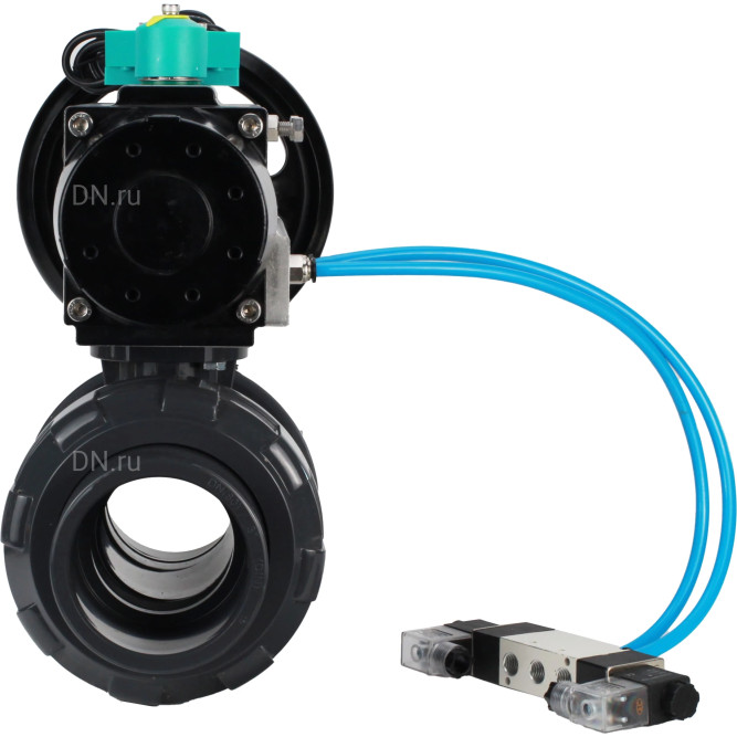 Кран шаровой BV4242E-FP-GRM-ISO Дн25 Ру10 полнопроходной, корпус - НПВХ, шар - НПВХ, уплотнение - EPDM, с пневмоприводом PA-DA-105-1, пневмораспределителем 4V320-10 AC220V и магнитным переключателем ALS200D в Перми