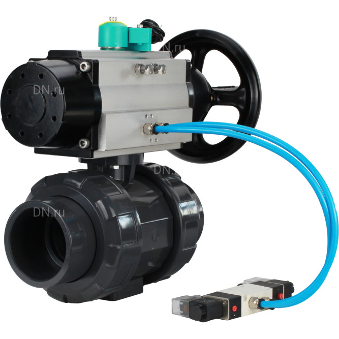 Кран шаровой BV4242E-FP-GRM-ISO Дн25 Ру10 полнопроходной, корпус - НПВХ, шар - НПВХ, уплотнение - EPDM, с пневмоприводом PA-DA-105-1, пневмораспределителем 4V320-10 AC220V и магнитным переключателем ALS200D в Перми