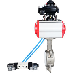 Затвор дисковый поворотный WBV3131P-2W-Fb-H Ду125 Ру16, корпус - нержавеющая сталь 304, диск - нержавеющая сталь 304, уплотнение - PTFE, с пневмоприводом PA-DA-105, пневмораспределителем 4V320-08 AC220V и БКВ APL-210N