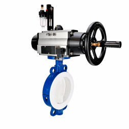 Затвор дисковый поворотный WBV3434Pf-2W-Fb-R Ду150 Ру16, корпус - углеродистая сталь WCB, диск - углеродистая сталь WCB, футерованный PTFE, уплотнение - PTFE, с пневмоприводом PA-DA-105-1, пневмораспределителем 4M310-08 AC220V и БПВ AFC2000