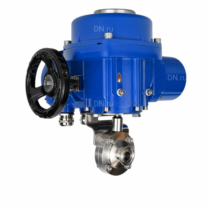 Затвор дисковый поворотный WBV3131E-2W-C-H Ду65 Ру10 кламповый, корпус - пищевая нержавеющая сталь 304, уплотнение - EPDM, с электроприводом QT-N-005M-O2-380VAC-У1 с моментной муфтой и штурвалом в Перми