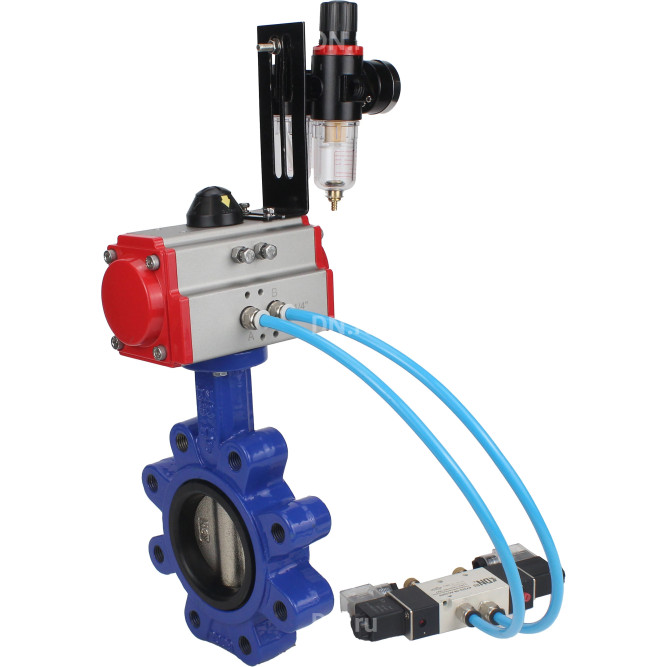 Затвор дисковый поворотный WBV1616N-2W-Fb-H Ду80 Ру16 LUG корпус - чугун QT450, диск - чугун QT450, уплотнение - NBR, с пневмоприводом PA-DA-083, пневмораспределителем 4V320-08 AC220V и БПВ AFC2000 в Перми